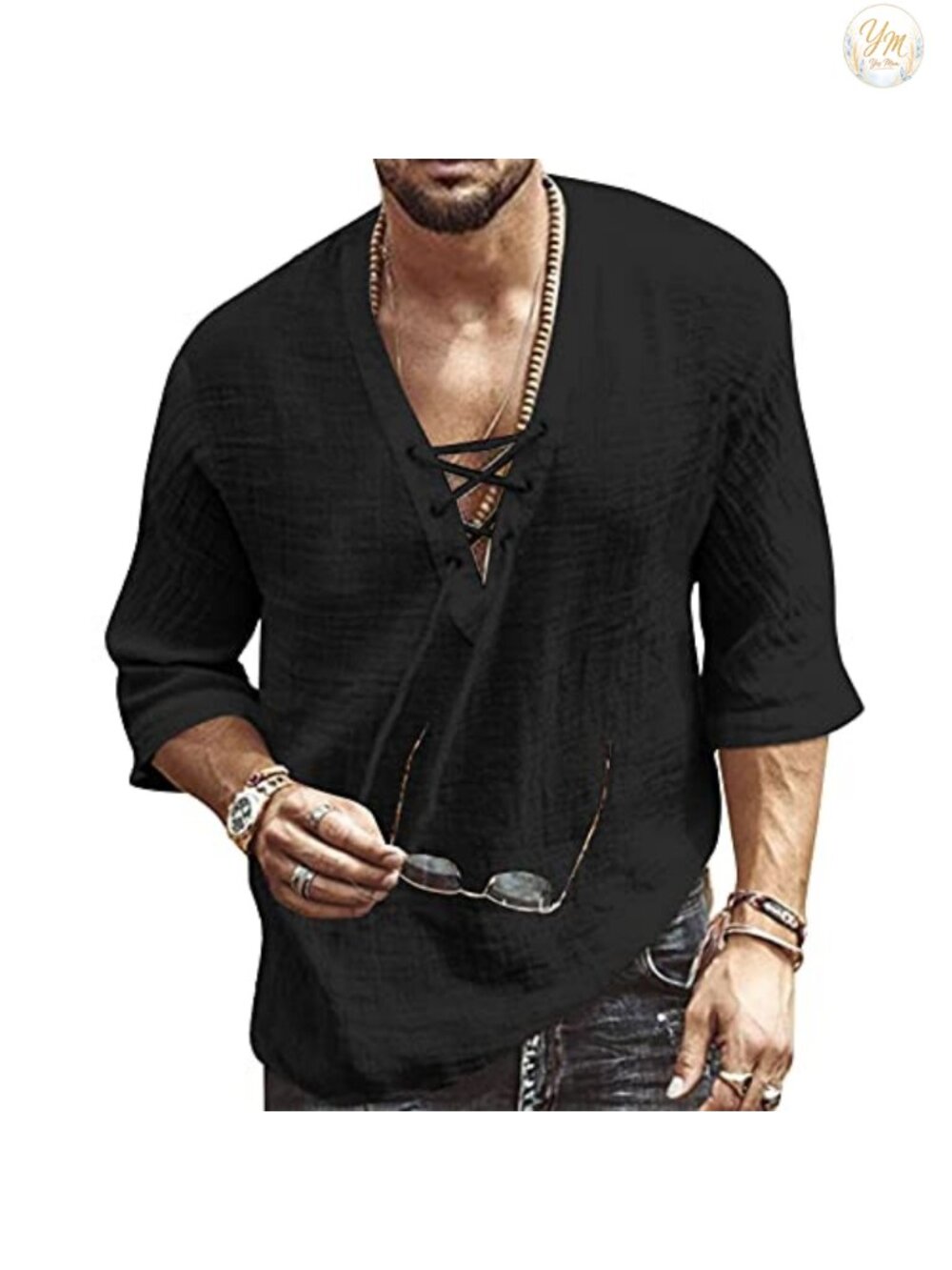 Men's Linen Cotton Short Sleeve V-Neck Drawstring Beach Yoga Summer T-Shirt